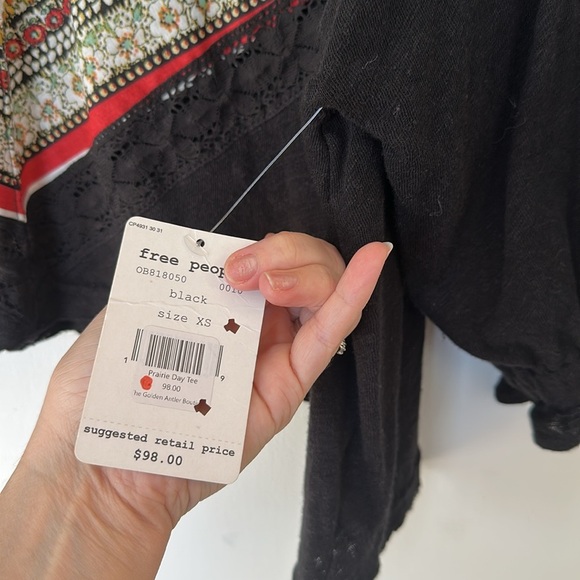 Free People Prairie Days BLACK Boho Tee NWT SIZE XS - Picture 4 of 7